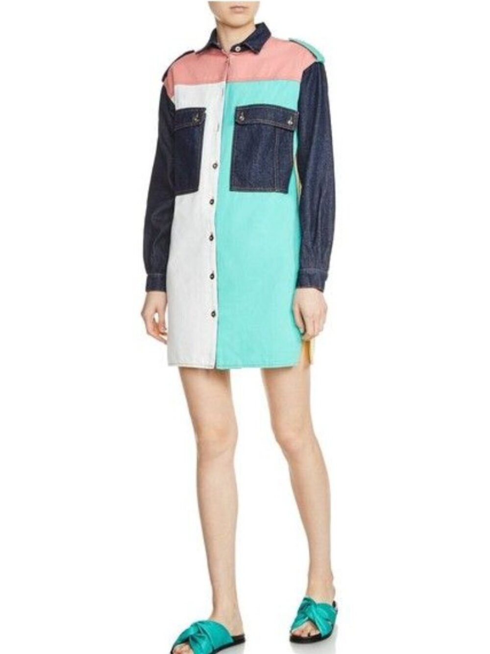 Maje Rhodes Patchwork Denim Colorblock Shirt Dress Size 1